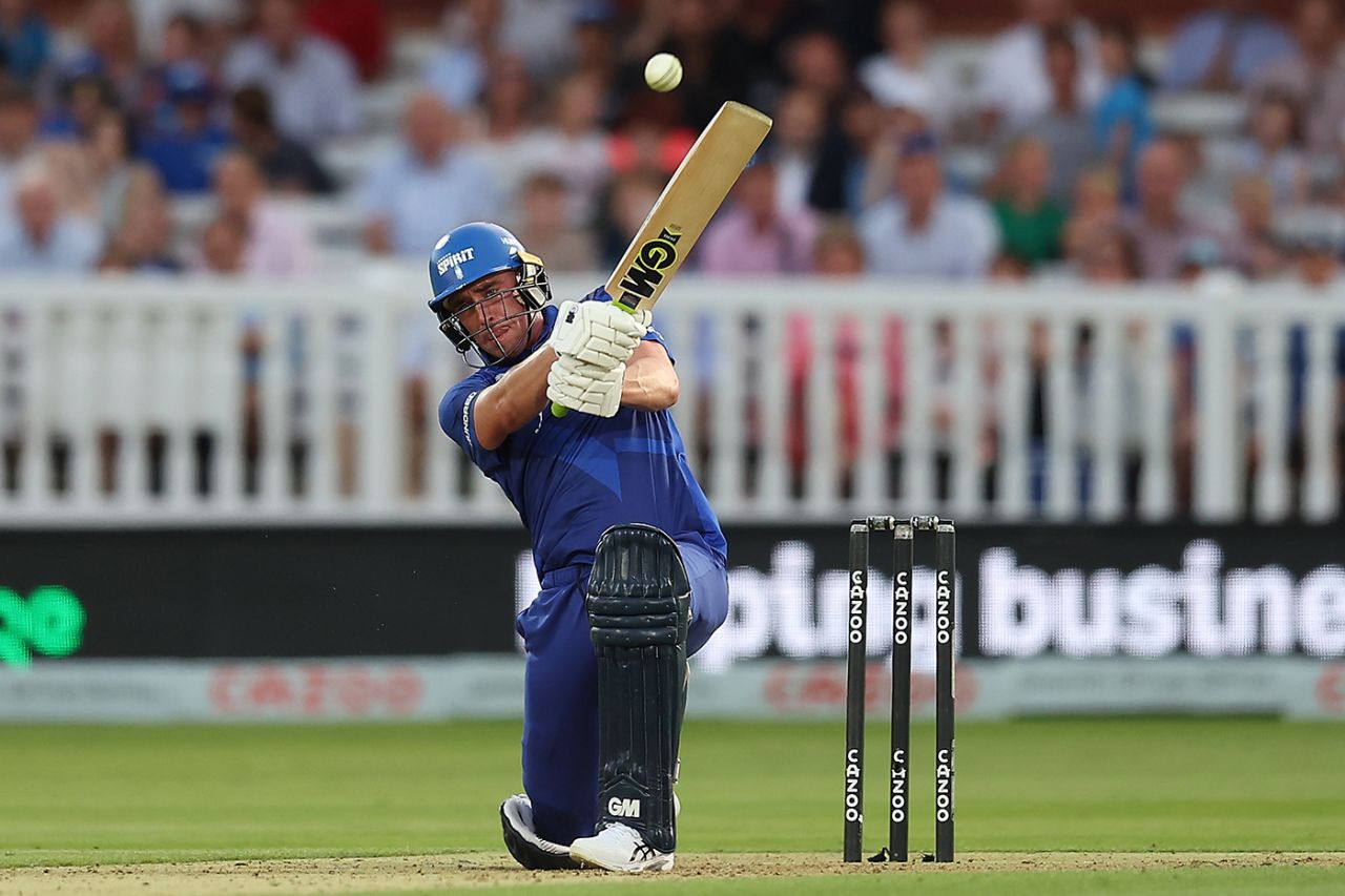 Dan Lawrence gets down to slog-sweep, London Spirit vs Welsh Fire, Lord's, The Hundred Men's, August 24, 2022