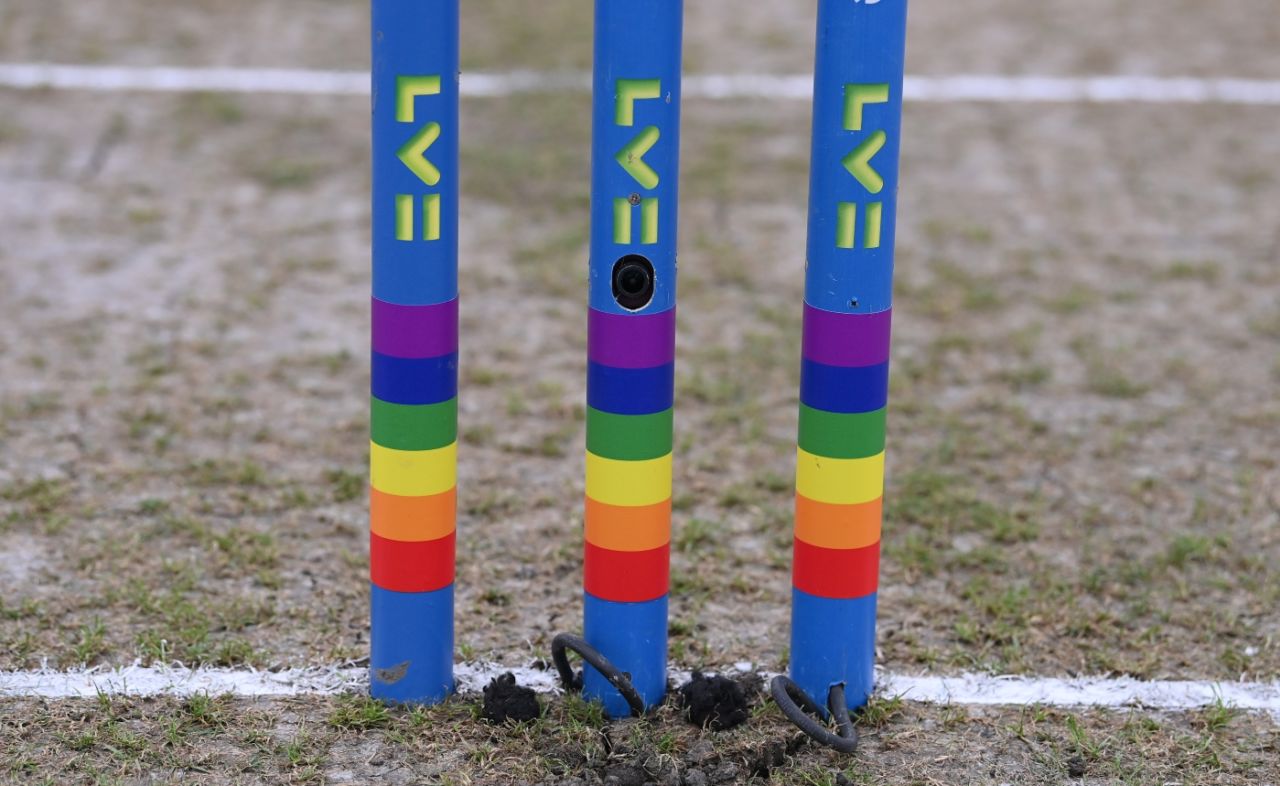 The stumps at Old Trafford display the ECB's support for the Stonewall Rainbow Laces campaign to encourage LGBTQ+ participation in cricket, England vs South Africa, 2nd Test, Old Trafford, 1st day, August 25, 2022