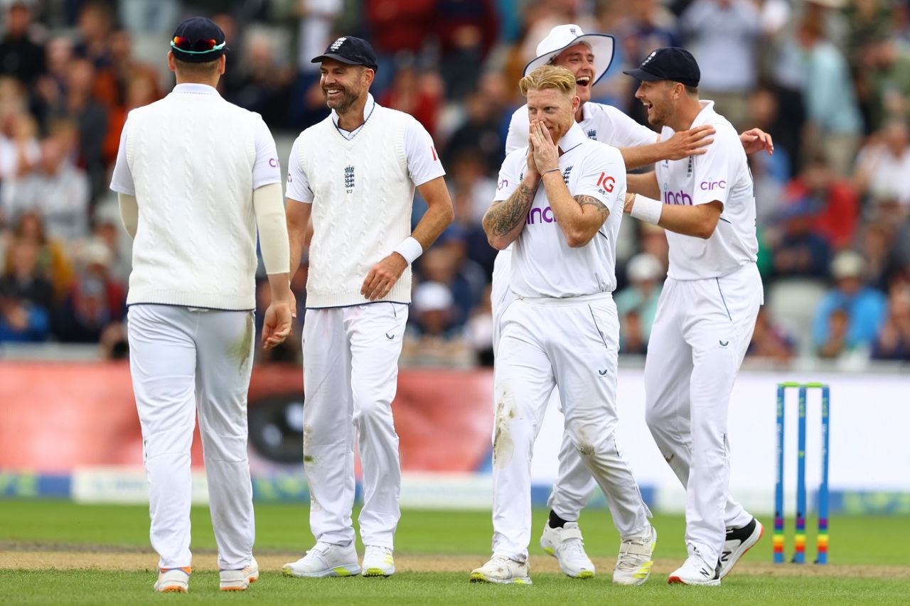 Ben Stokes celebrates in disbelief after having Aiden Markram top edge a pull, England vs South Africa, 2nd Test, Old Trafford, 1st day, August 25, 2022