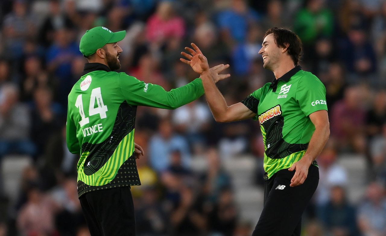 James Fuller gets a high five from James Vince, Southern Brave vs Trent Rockets, Men's Hundred, Southampton, August 25, 2022