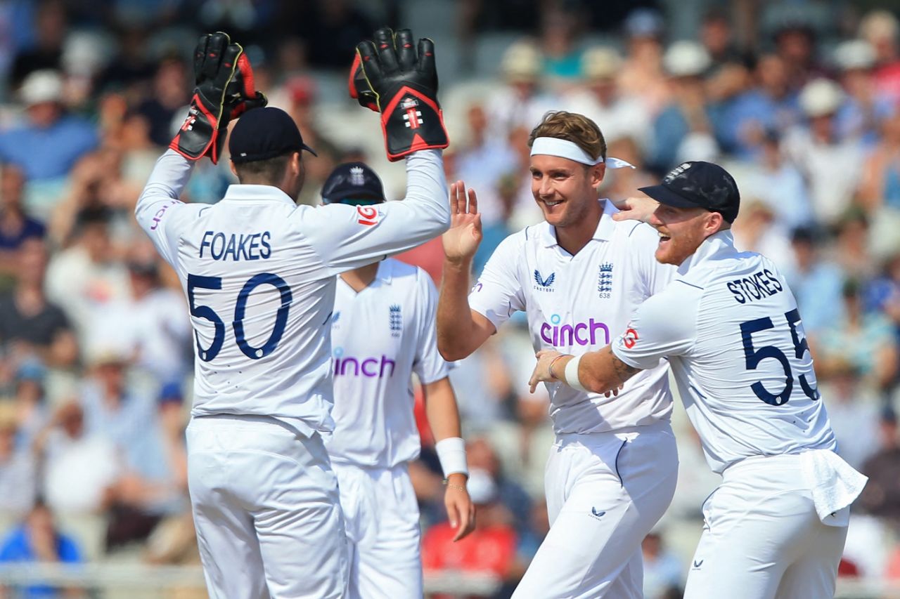 Stuart Broad is all smiles after he had Aiden Markram caught at slips, England vs South Africa, 2nd Test, Manchester, 3rd day, August 27, 2022