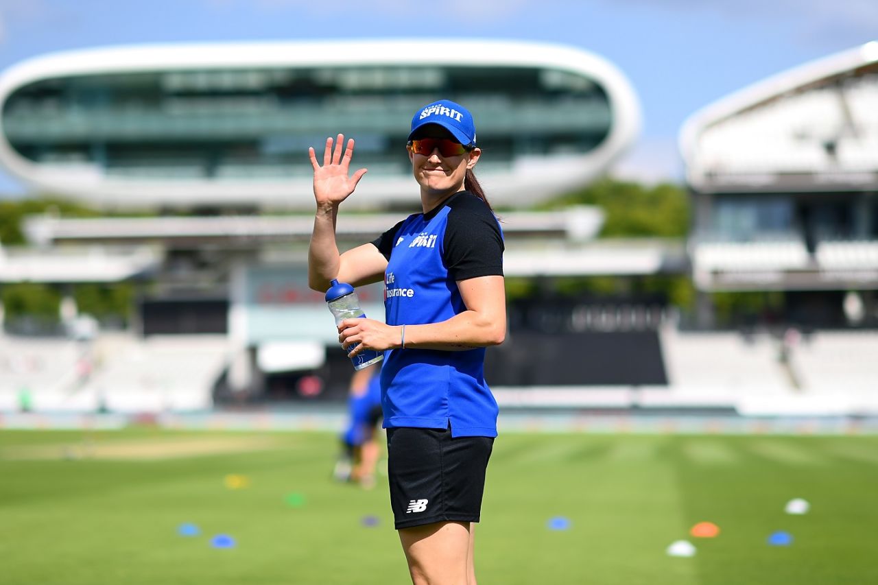 Megan Schutt is all smiles ahead of the game, London Spirit vs Oval Invincibles, women's Hundred, Lord's, August 27, 2022