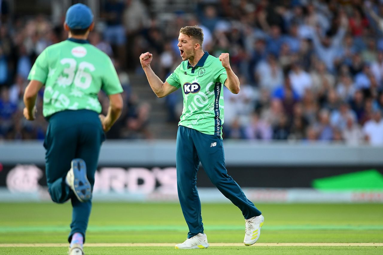 Matt Milnes celebrates a wicket from his second ball, London Spirit vs Oval Invincibles, Men's Hundred, Lord's, August 27, 2022