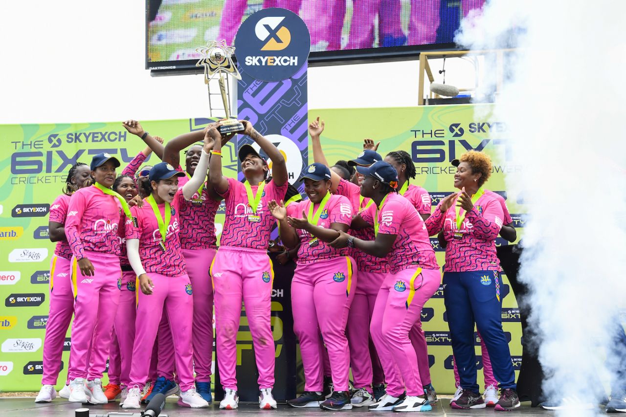 Hayley Matthews holds aloft the women's 6ixty trophy, Basseterre, August 28, 2022