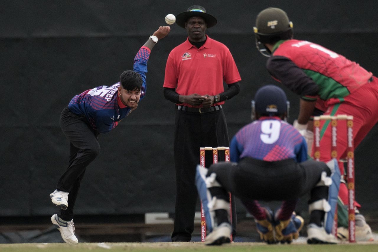 Sandeep Lamichhane pictured in his delivery stride, Kenya vs Nepal, 1st T20I, Nairiobi (Gym), August 25, 2022