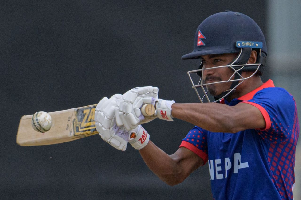 Rohit Paudel punches away a short and wide delivery, Kenya vs Nepal, 1st T20I, Nairiobi (Gym), August 25, 2022