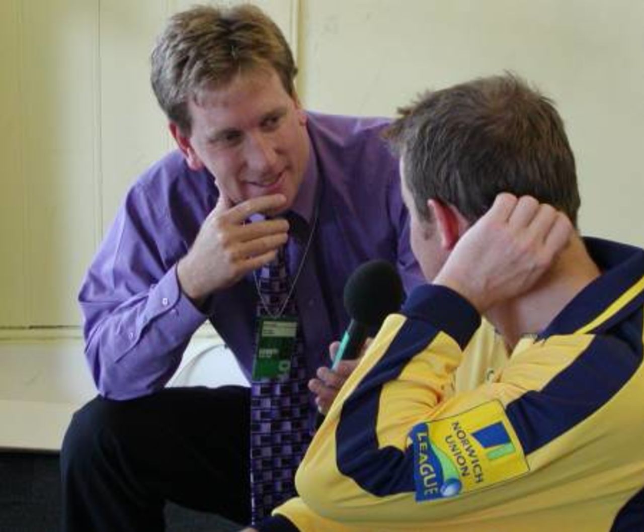 James Hamblin is interviewed by former Hampshire cricketer Kevan James after his pinch hitting half-century against Sussex Sharks.
