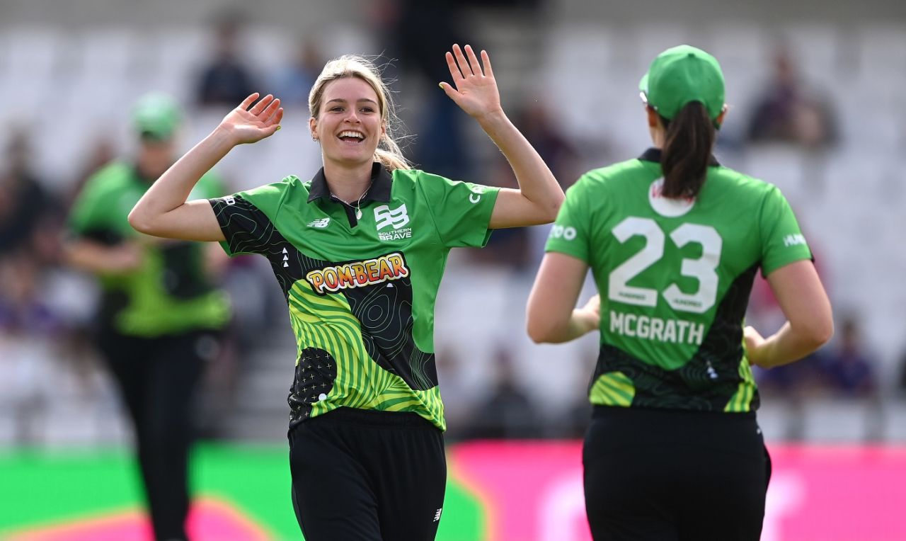 Lauren Bell is pleased after striking early, Northern Superchargers vs Southern Brave, women's Hundred, Leeds, August 31, 2022