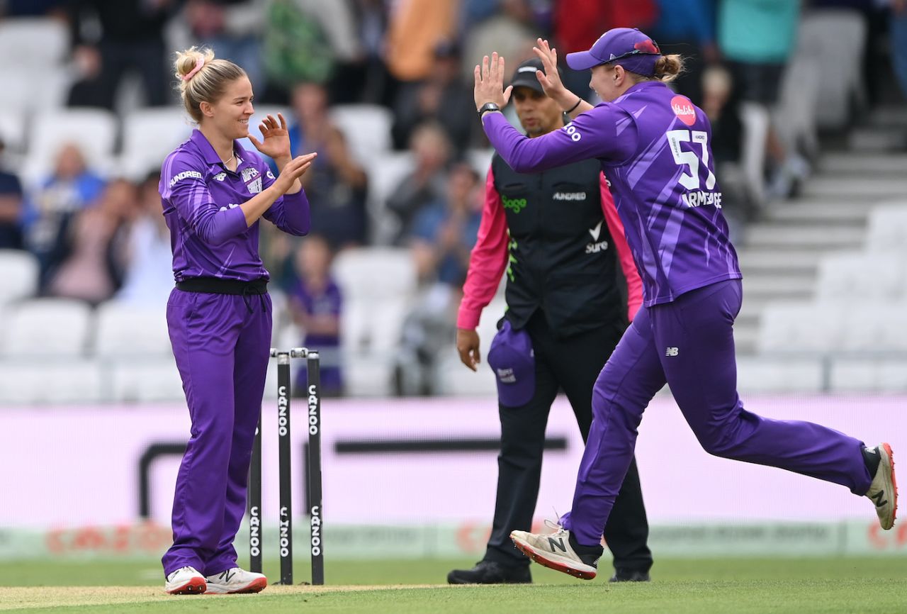 Lucy Higham celebrates after dismissing Danni Wyatt, Northern Superchargers vs Southern Brave, Women's Hundred, Leeds, August 31, 2022