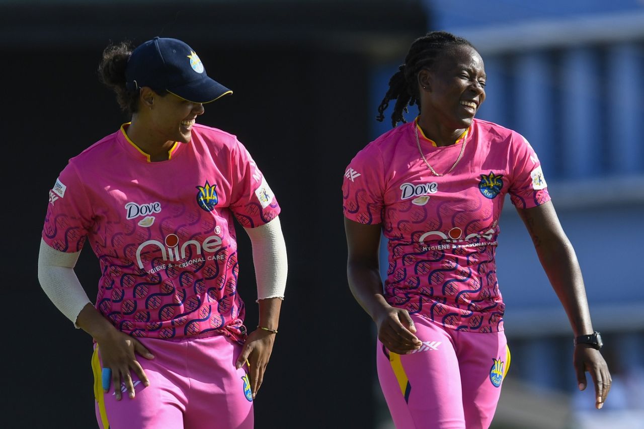 Picking up two wickets, Shakera Selman is all smiles alongside Chloe Tryon, Trinbago Knight Riders vs Barbados Royals, WCPL 2022, Basseterre, August 31, 2022