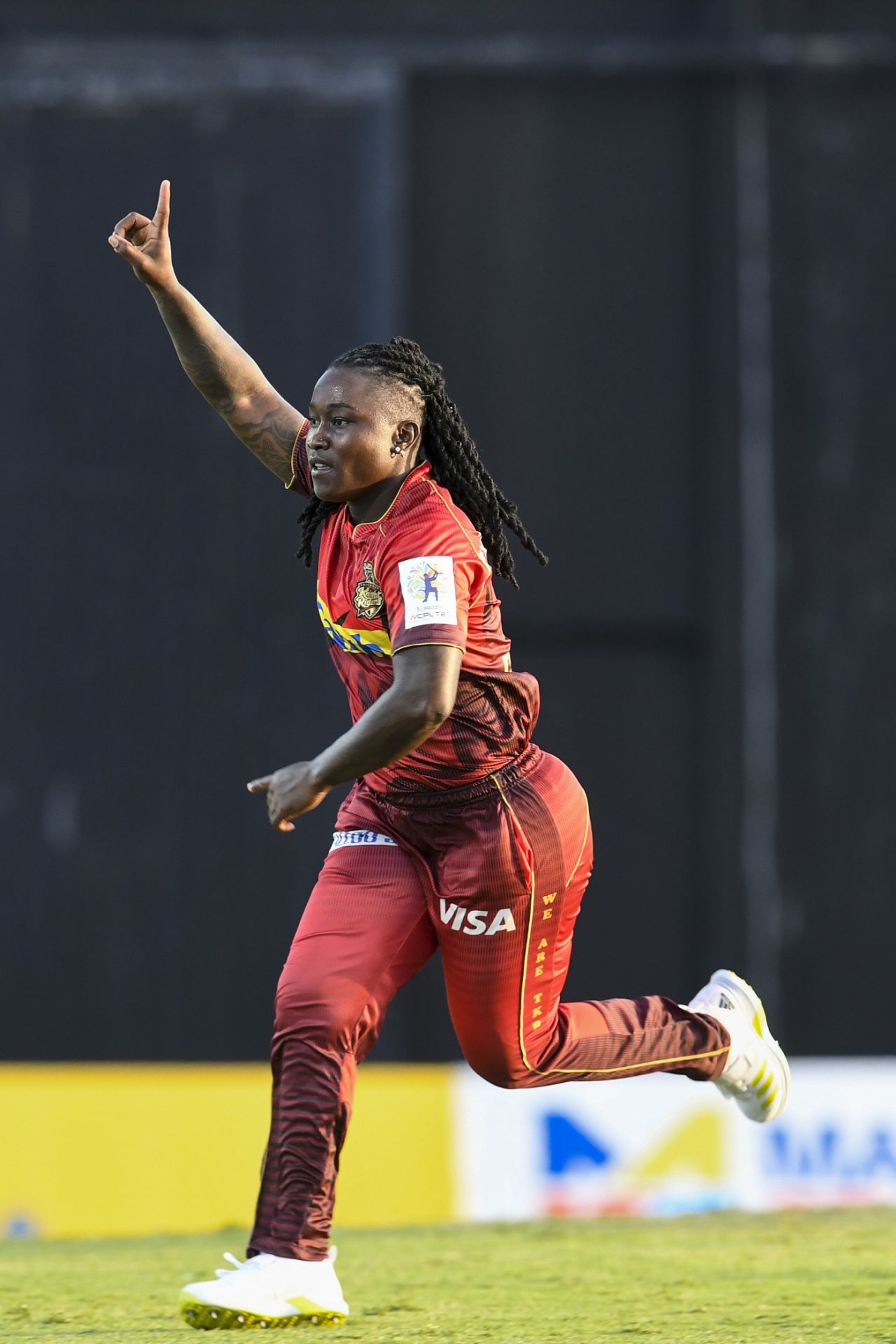 That Deandra Dottin loves to bowl under pressure is an open secret; she celebrates after successfully defending ten in the last over, Trinbago Knight Riders vs Barbados Royals, WCPL 2022, Basseterre, August 31, 2022
