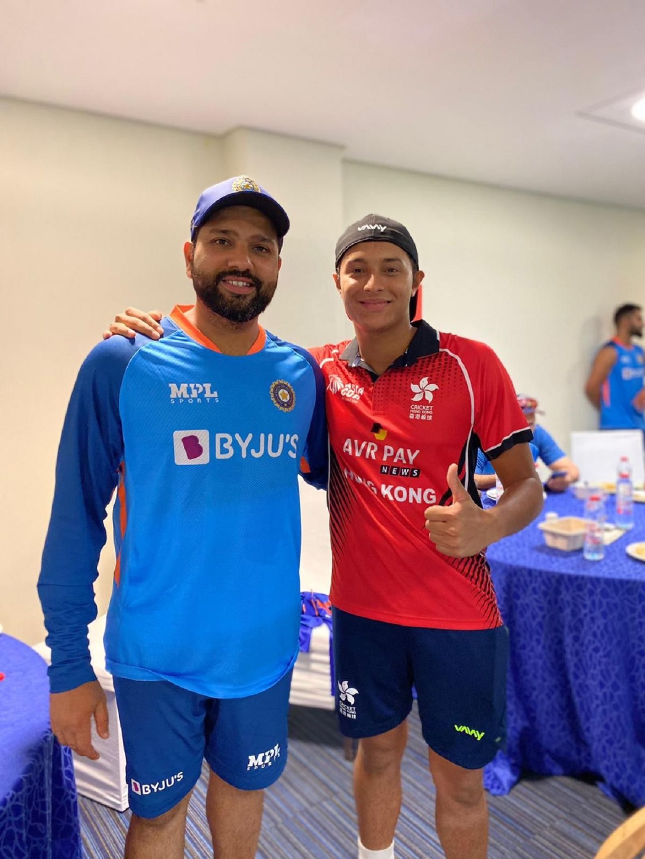Ayush Shukla poses with Rohit Sharma, the man he dismissed in the sides' Asia Cup match, Dubai, August 31 2022