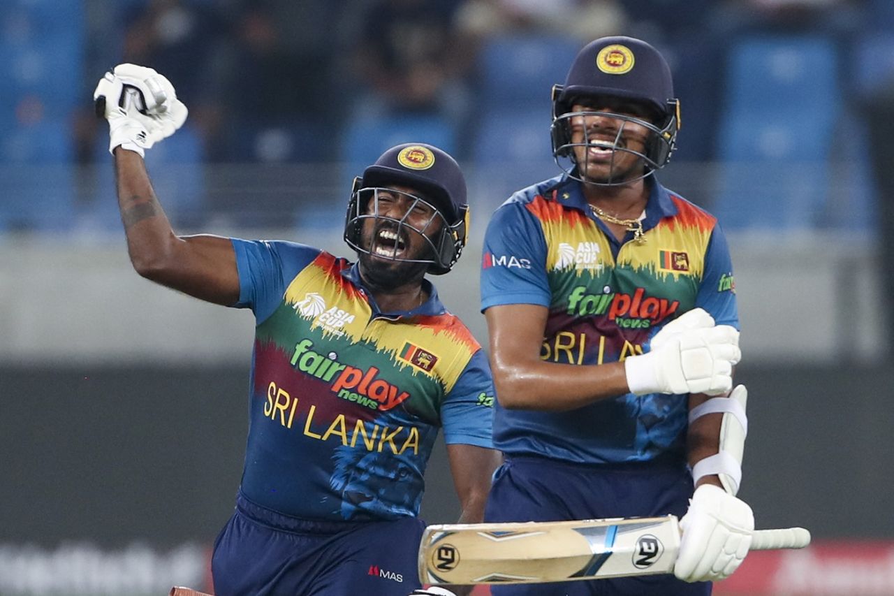 Asitha Fernando and Maheesh Theekshana celebrate victory, Bangladesh vs Sri Lanka, Men's T20 Asia Cup, Dubai, September 1, 2022