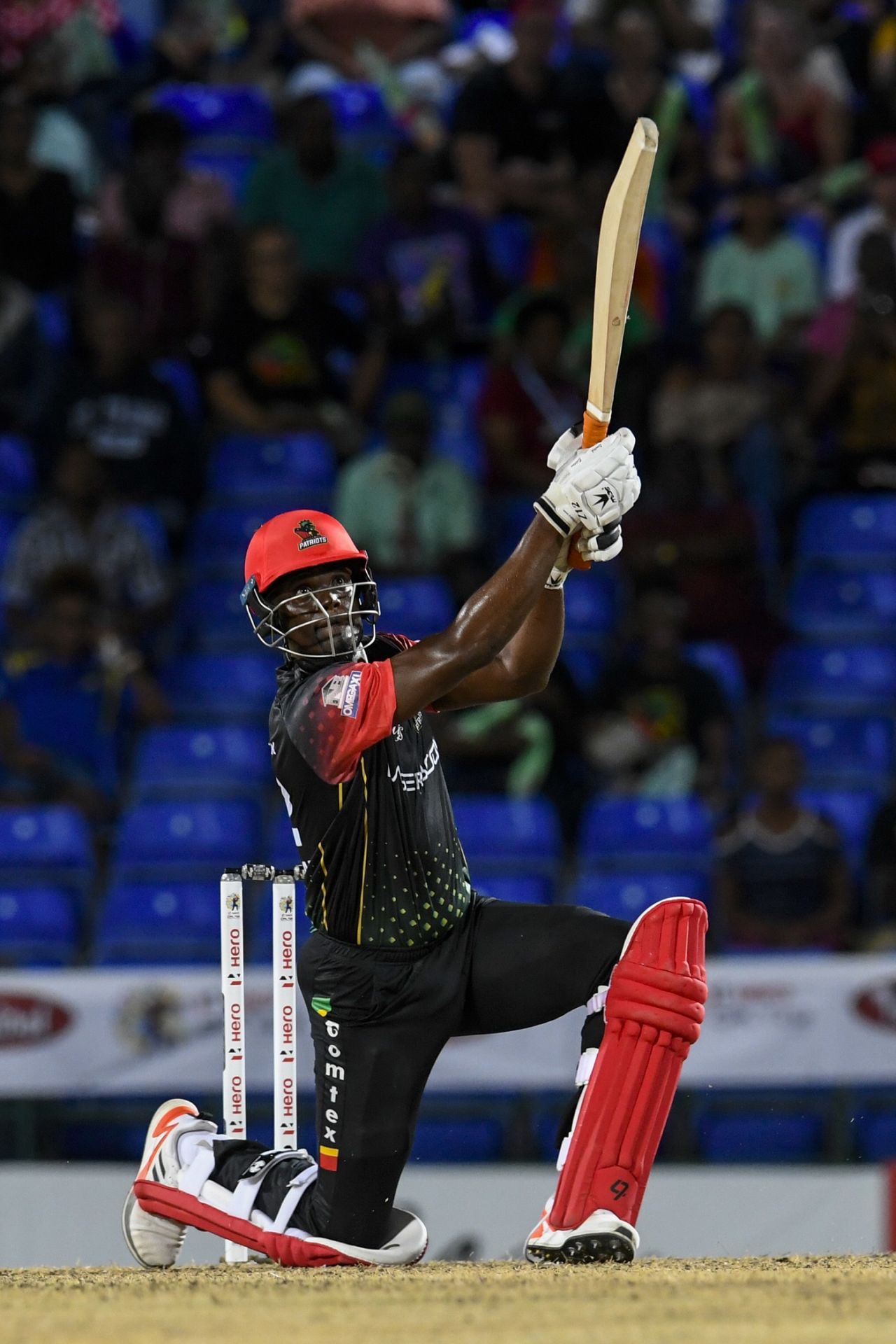 Andre Fletcher hits one high into the night sky during his 81-run knock, Barbados Royals vs St Kitts and Nevis Patriots, CPL 2022, Basseterre, September 1, 2022
