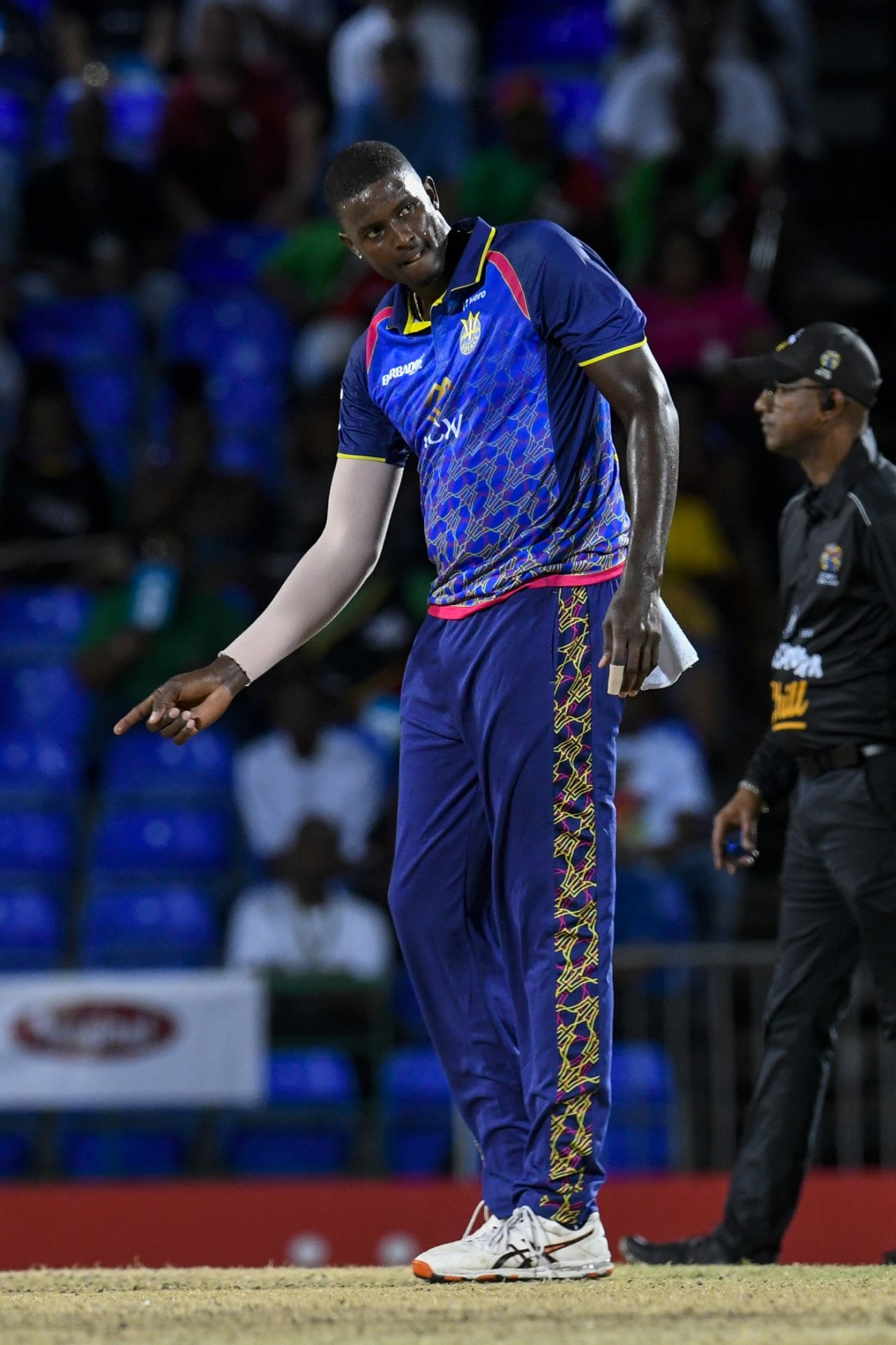 An impressive spell of bowling from Jason Holder saw him finish with 2 for 21 in three overs, Barbados Royals vs St Kitts and Nevis Patriots, CPL 2022, Basseterre, September 1, 2022