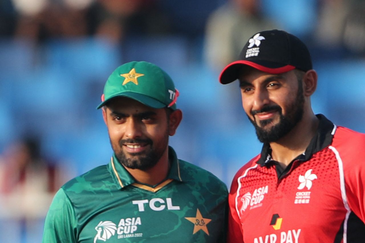 Captains Babar Azam and Nizakat Khan at the toss, Hong Kong vs Pakistan, Men's T20 Asia Cup, Sharjah, September 2, 2022
