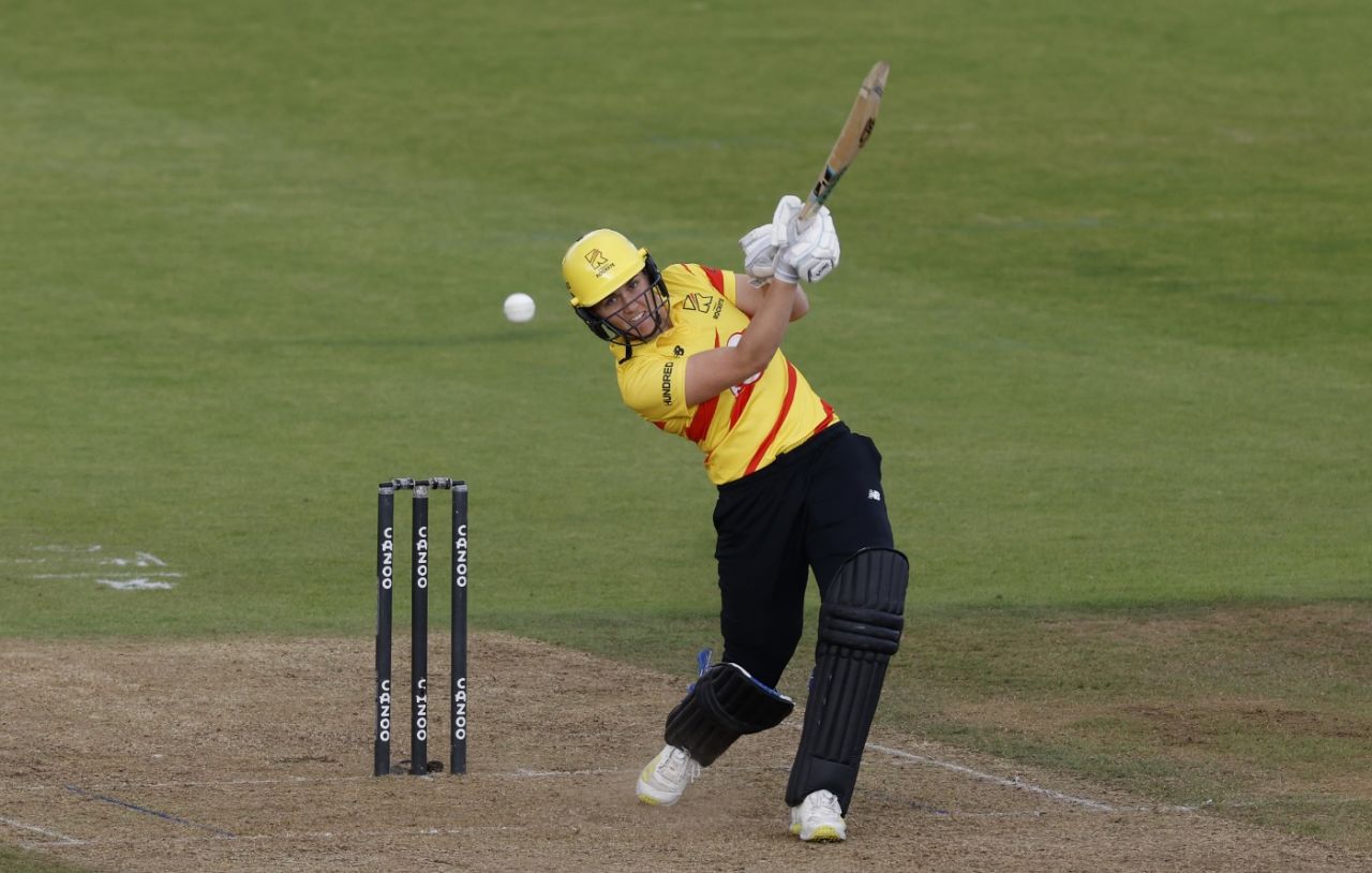 Nat Sciver drives down the ground during Trent Rockets' run-chase, Southern Brave vs Trent Rockets, Women's Hundred eliminator, Ageas Bowl, September 2, 2022