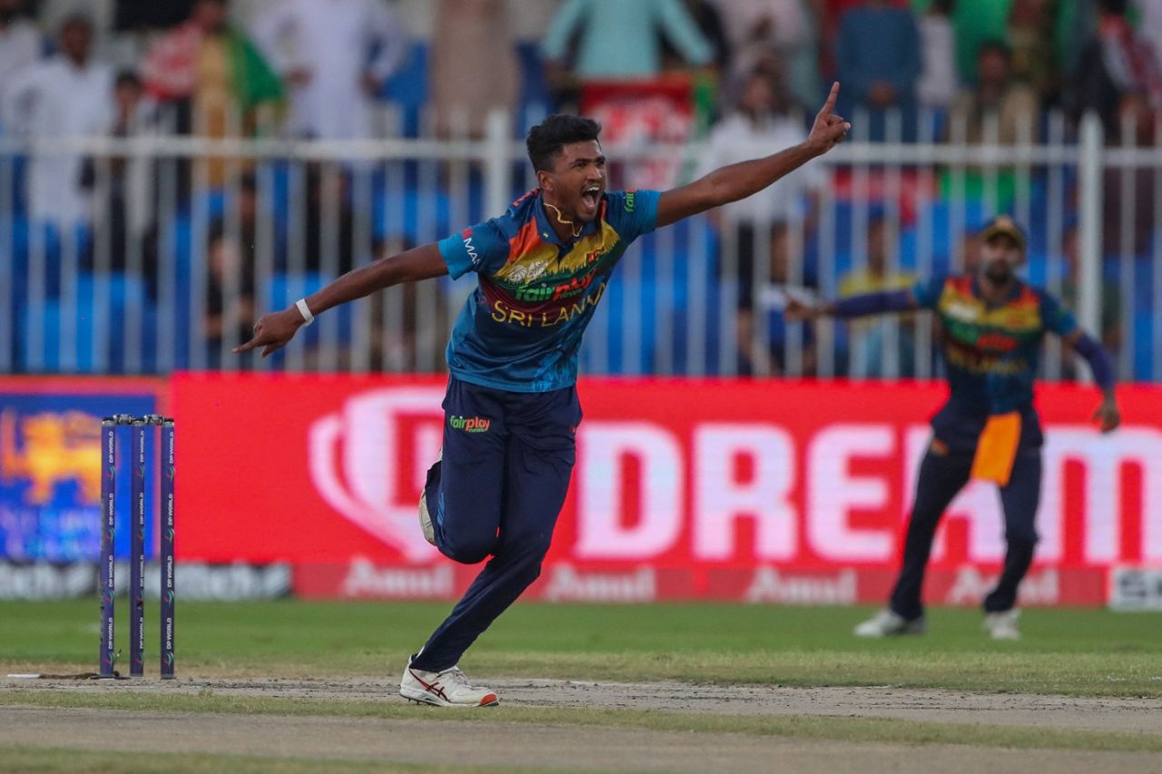 Dilshan Madushanka is pumped up after removing Hazratullah Zazai for 13, Sri Lanka vs Afghanistan, Men's T20 Asia Cup, Sharjah, September 3, 2022