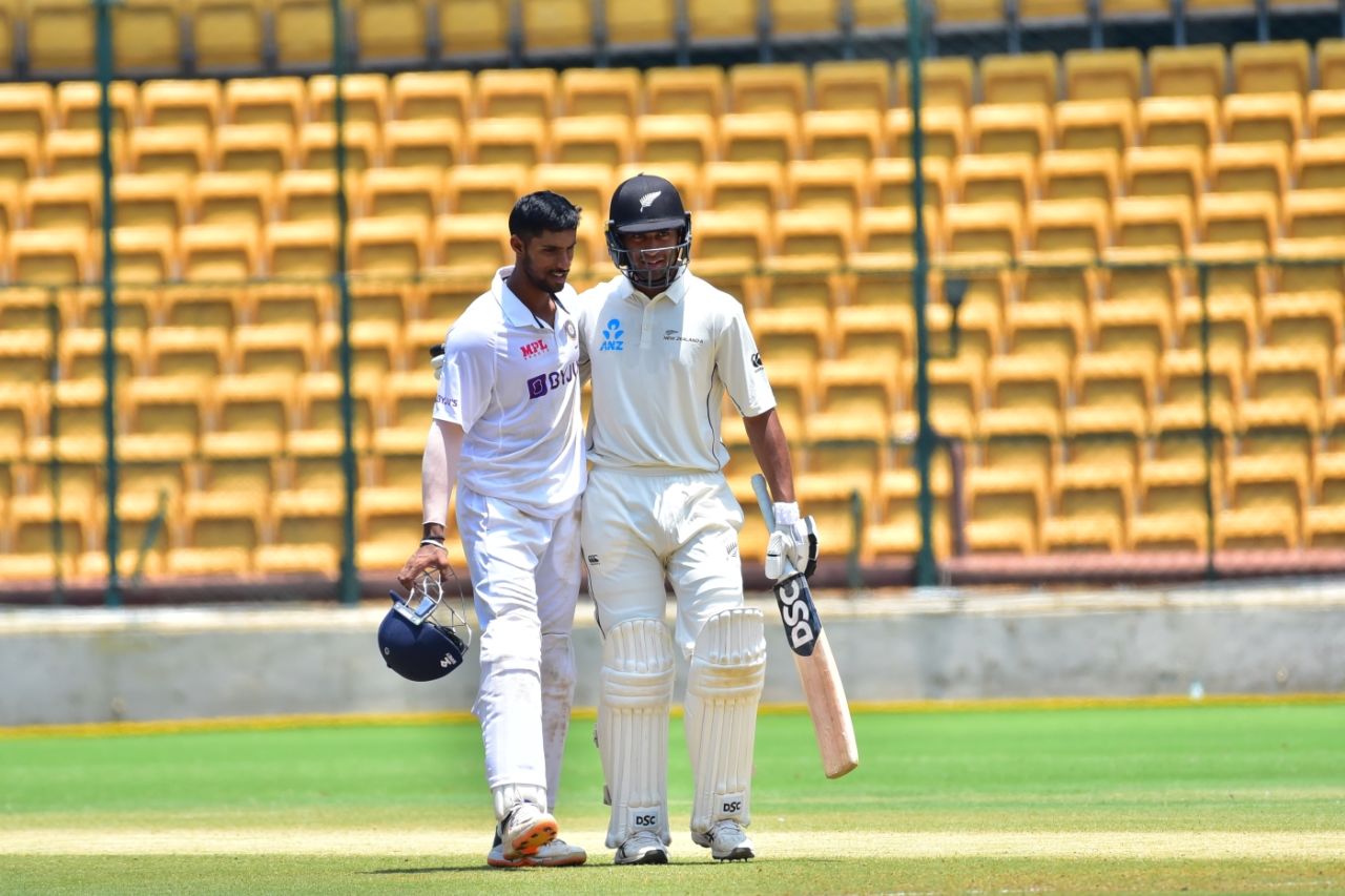 Tilak Varma exchanges a hug with Rachin Ravindra, India A vs New Zealand A, 1st unofficial Test, 4th day, Bengaluru, September 4, 2022