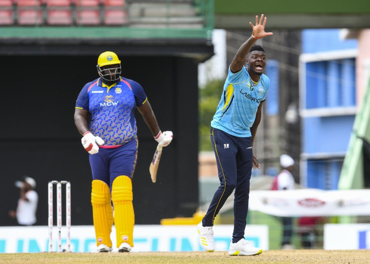 Alzarri Joseph successfully appeals for a Rahkeem Cornwall dismissal, Barbados Royals v St Lucia Kings, CPL 2022, Basseterre, September 4, 2022