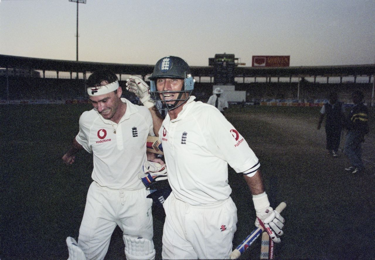 Graham Thorpe and Nasser Hussain of England celebrate victory during the third Test match against Pakistan played at the National Stadium, in Karachi, Pakistan