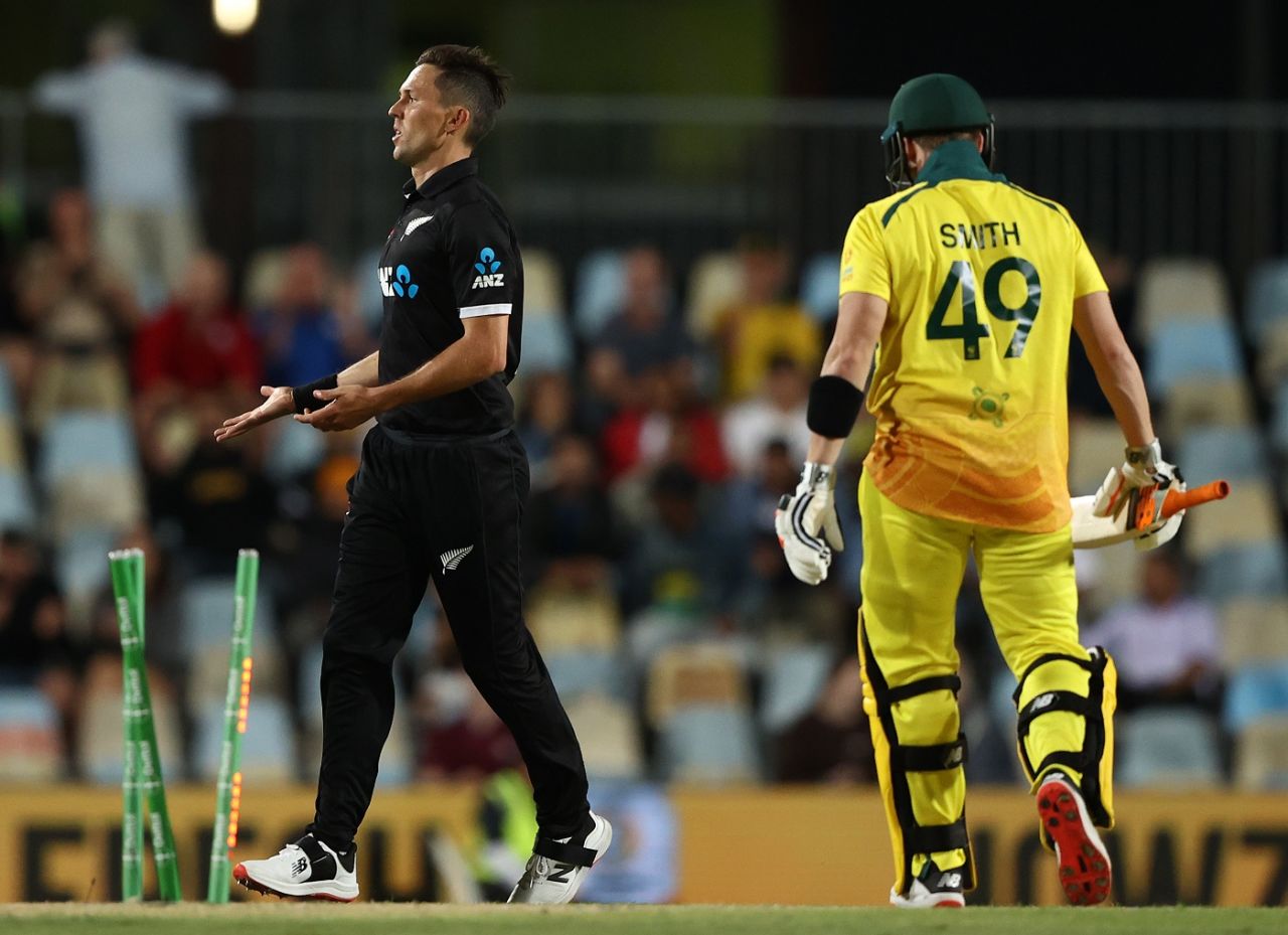 Trent Boult celebrates after making a mess of Steven Smith's stumps, Australia vs New Zealand, 1st ODI, Cairns, September 6, 2022