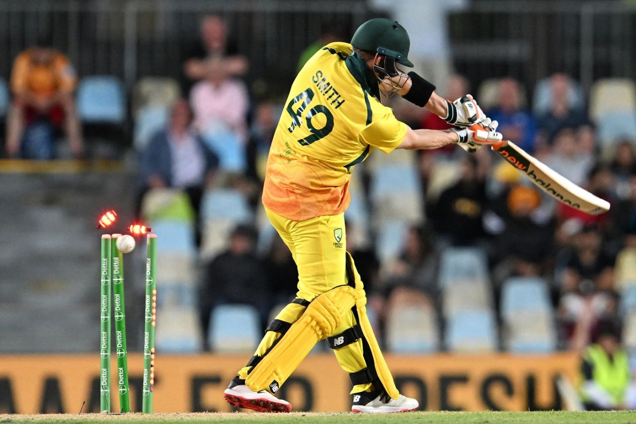 Steven Smith pushed at one away from his body to inside edge it onto the stumps, Australia vs New Zealand, 1st ODI, Cairns, September 6, 2022