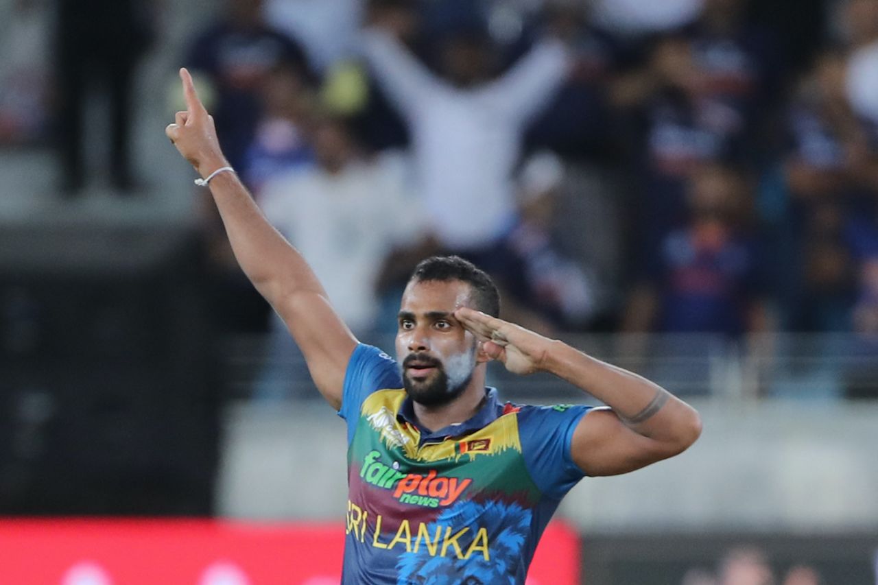  Chamika Karunaratne celebrates Rohit Sharma's wicket, India vs Sri Lanka, Asia Cup, Dubai, September 6, 2022
