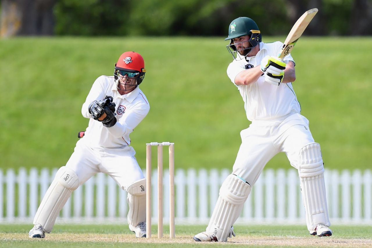 Tom Bruce plays a cut during his unbeaten 55, Canterbury vs Central Districts, Christchurch, 3rd day, Plunket Shield, October 25, 2021