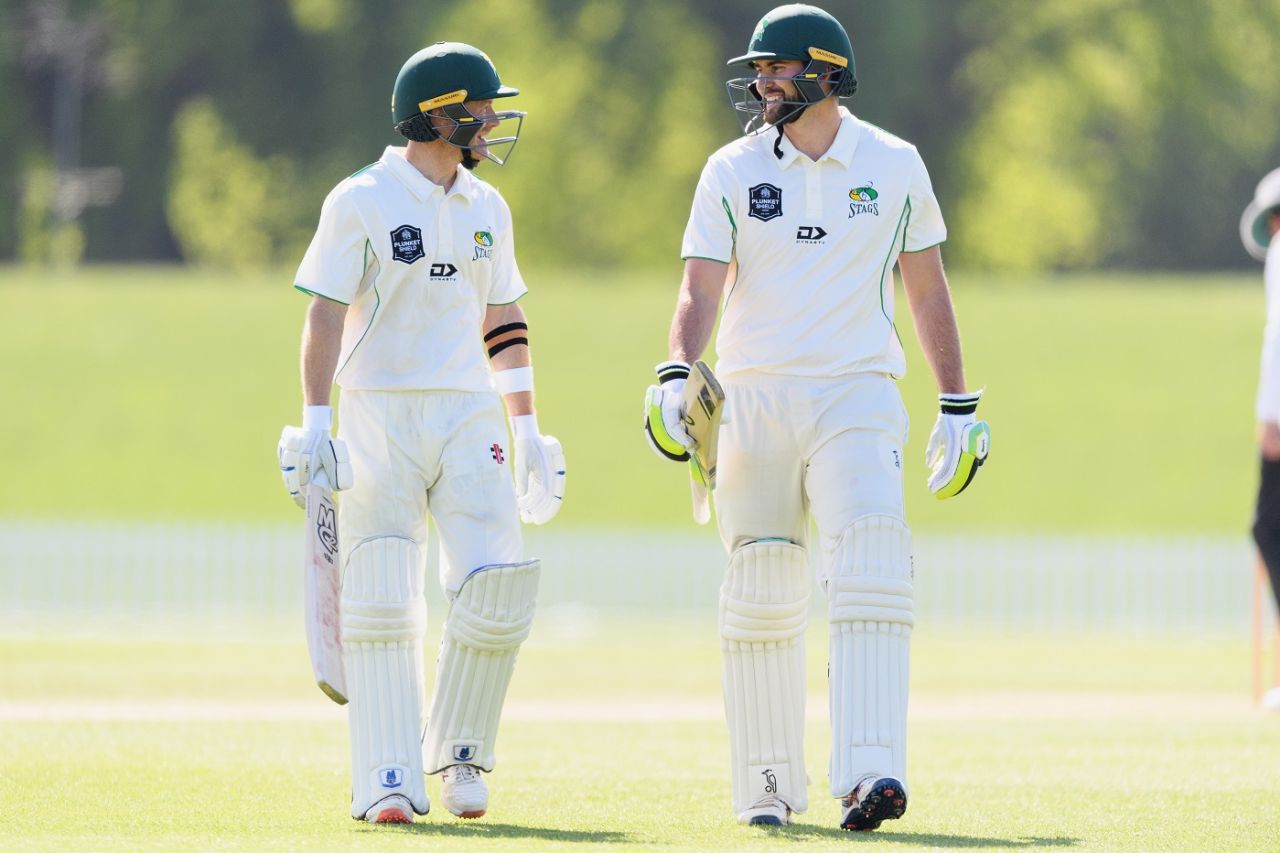 Greg Hay and Tom Bruce walk back at the tea break, Canterbury vs Central Districts, Christchurch, 3rd day, Plunket Shield, October 25, 2021