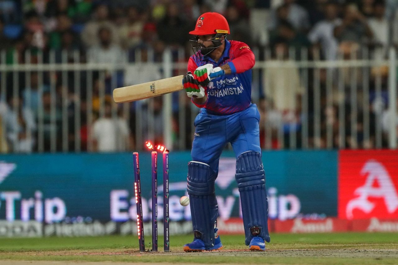 Mohammad Nabi fell for a first-ball duck in his 100th T20I, Afghanistan vs Pakistan, Asia Cup Super 4s, Sharjah, September 7, 2022
