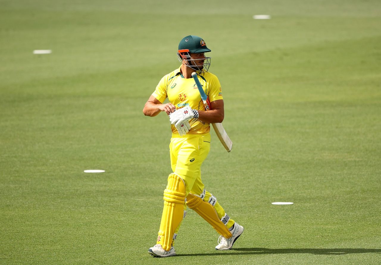 Marcus Stoinis looks back after opting to review a plumb lbw decision, Australia vs New Zealand, 2nd ODI, Cairns, September 8, 2022