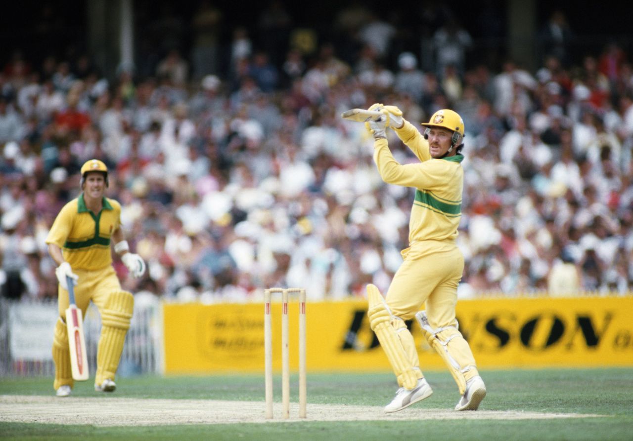 Allan Border cuts as Graeme Wood watches, second final, Ausrtalia vs West Indies, Benson & Hedges final, Melbourne, February 10, 1985 