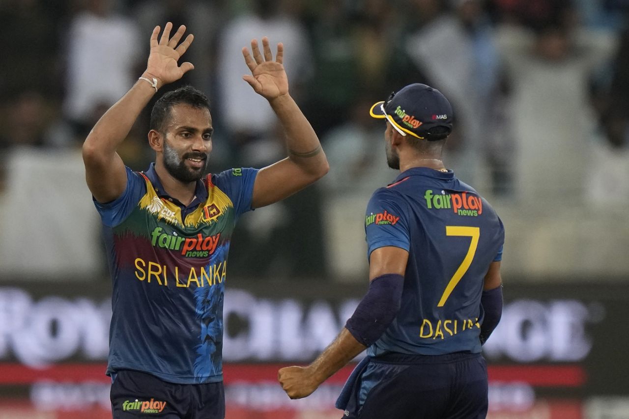 Chamika Karunaratne is pumped up after getting rid of Fakhar Zaman, Sri Lanka vs Pakistan, Asia Cup Super 4s, Dubai, September 9, 2022