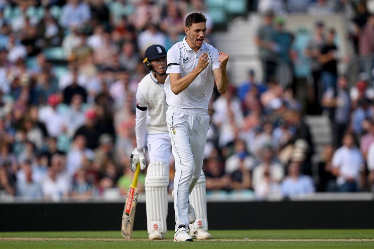 Marco Jansen celebrates after getting rid of Alex Lees early, England vs South Africa, 3rd Test, 3rd day, The Oval, September 10, 2022