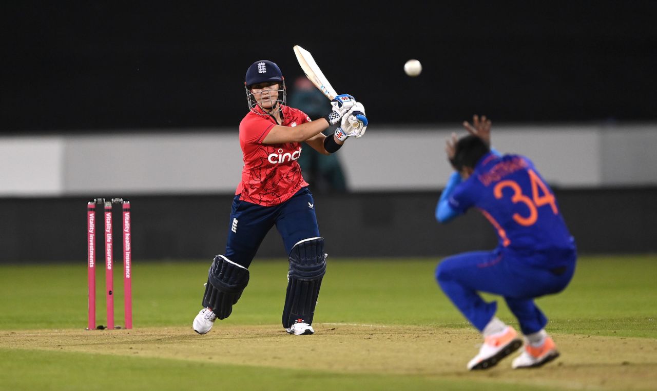 Alice Capsey bashes the ball back down the ground, England vs India, 1st women's T20I, Chester-le-Street, September 10, 2022