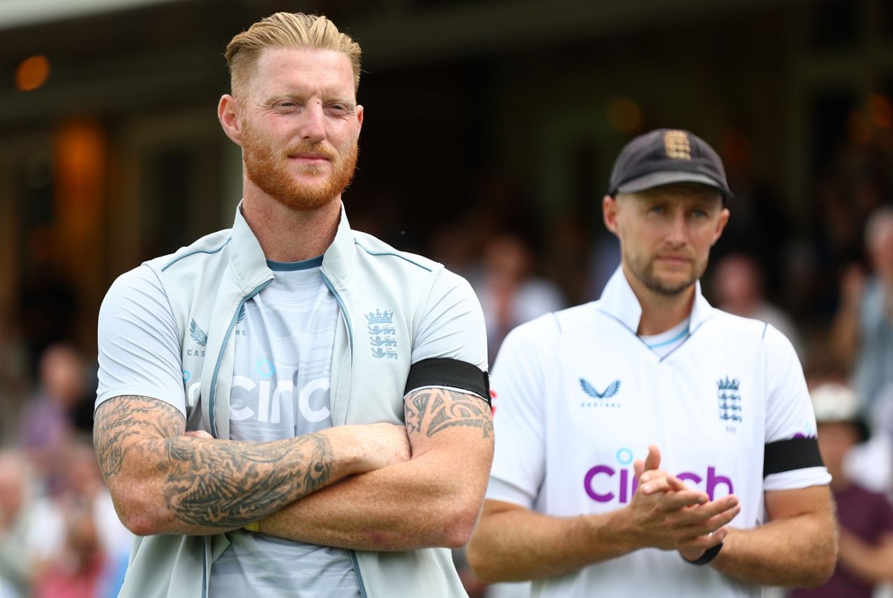 Ben Stokes and Joe Root look proud as punch at the post-match presentation, England vs South Africa, 3rd Test, 5th day, The Oval, September 12, 2022