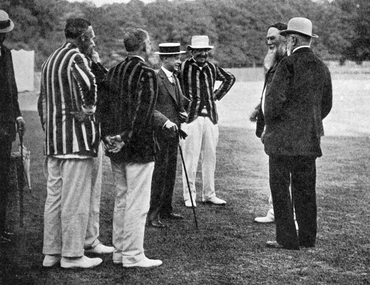 Edward, Prince of Wales, meets WG Grace, along with Prince Christian Victor of Schleswig-Holstein, and Prince Christian of Schleswig-Holstein, Cumberland Lodge, Windsor Great Park, Berkshire, 1911