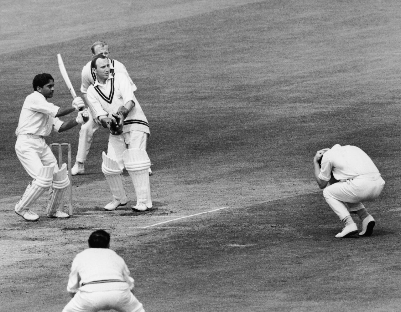 A fielder cowers as Hanumant Singh plays a shot, Surrey vs India, The Oval, June 2, 1967