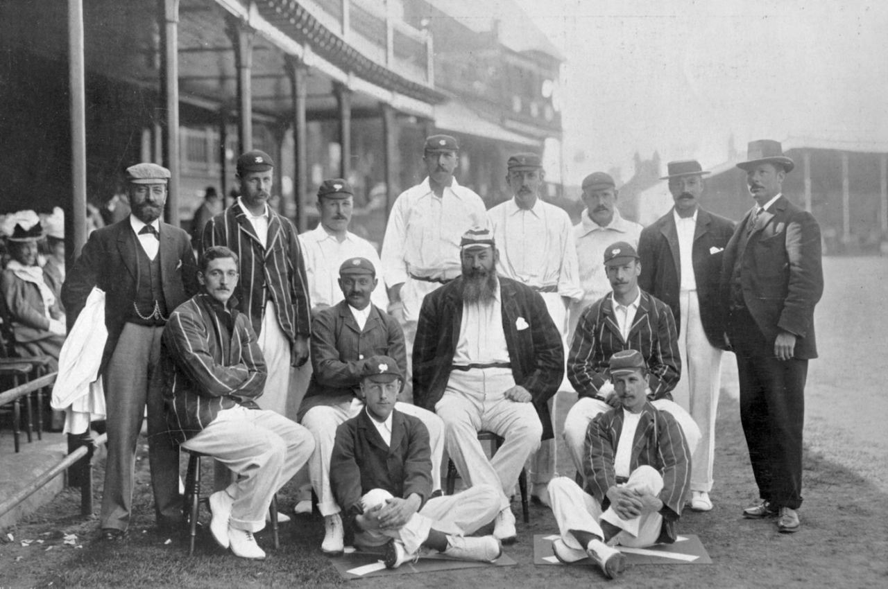 WG Grace with the playing XI of his final Test, including CB Fry and Ranjitsinhji,   England vs Australia, The Ashes, first Test, Nottingham, 1899
