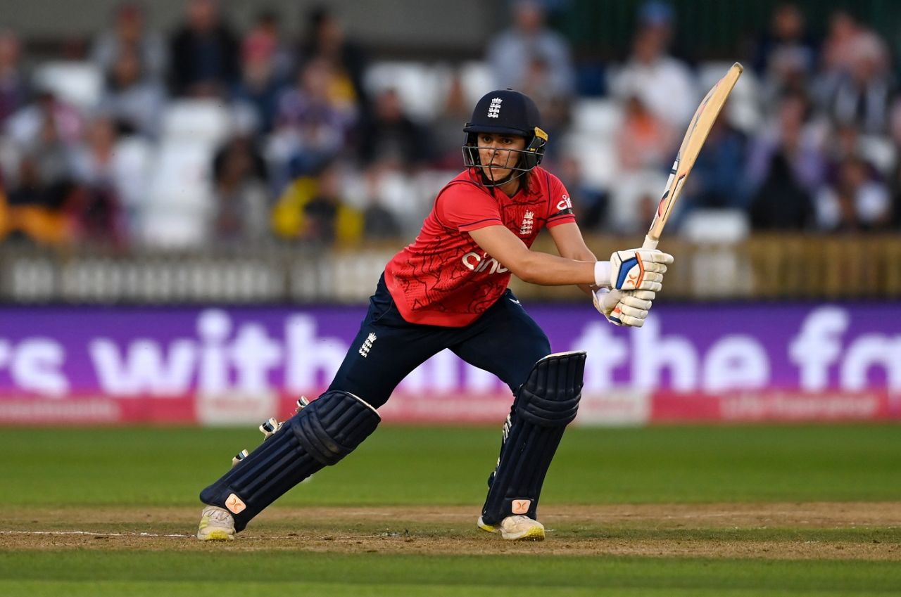 Maia Bouchier drives through the off side, England vs India, 2nd women's T20I, Derby, September 13, 2022
