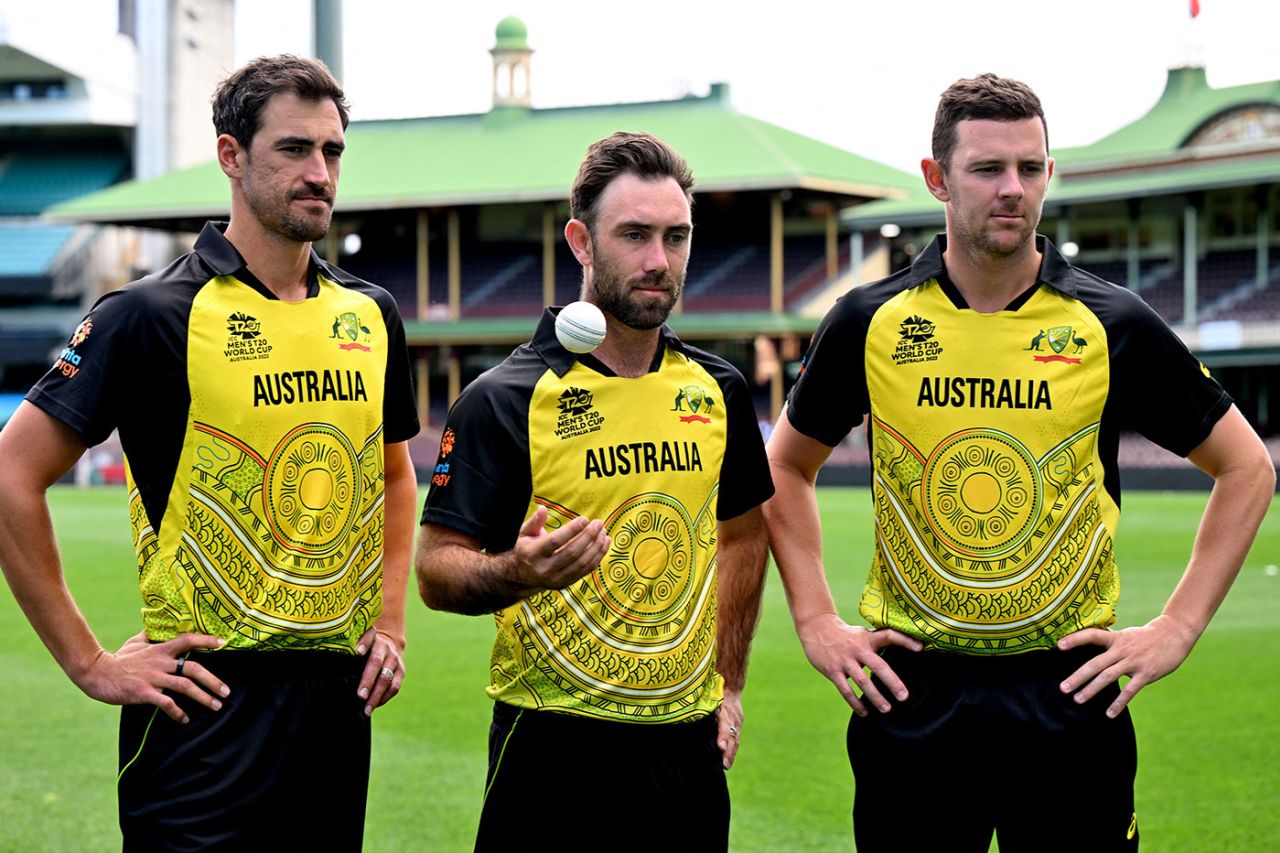 Mitchell Starc, Glenn Maxwell and Josh Hazlewood wearing Australia's Indigenous-themed T20 World Cup kit, Sydney, September 14, 2022