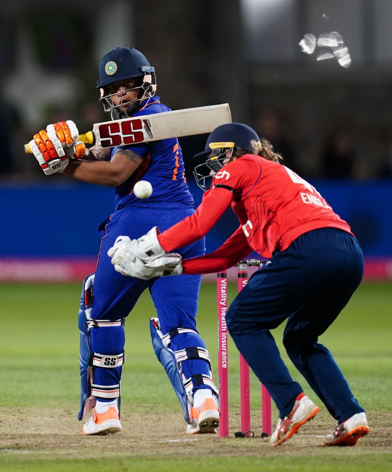 Richa Ghosh swipes at one down the leg side, England vs India, 3rd T20I, Bristol, September 15, 2022