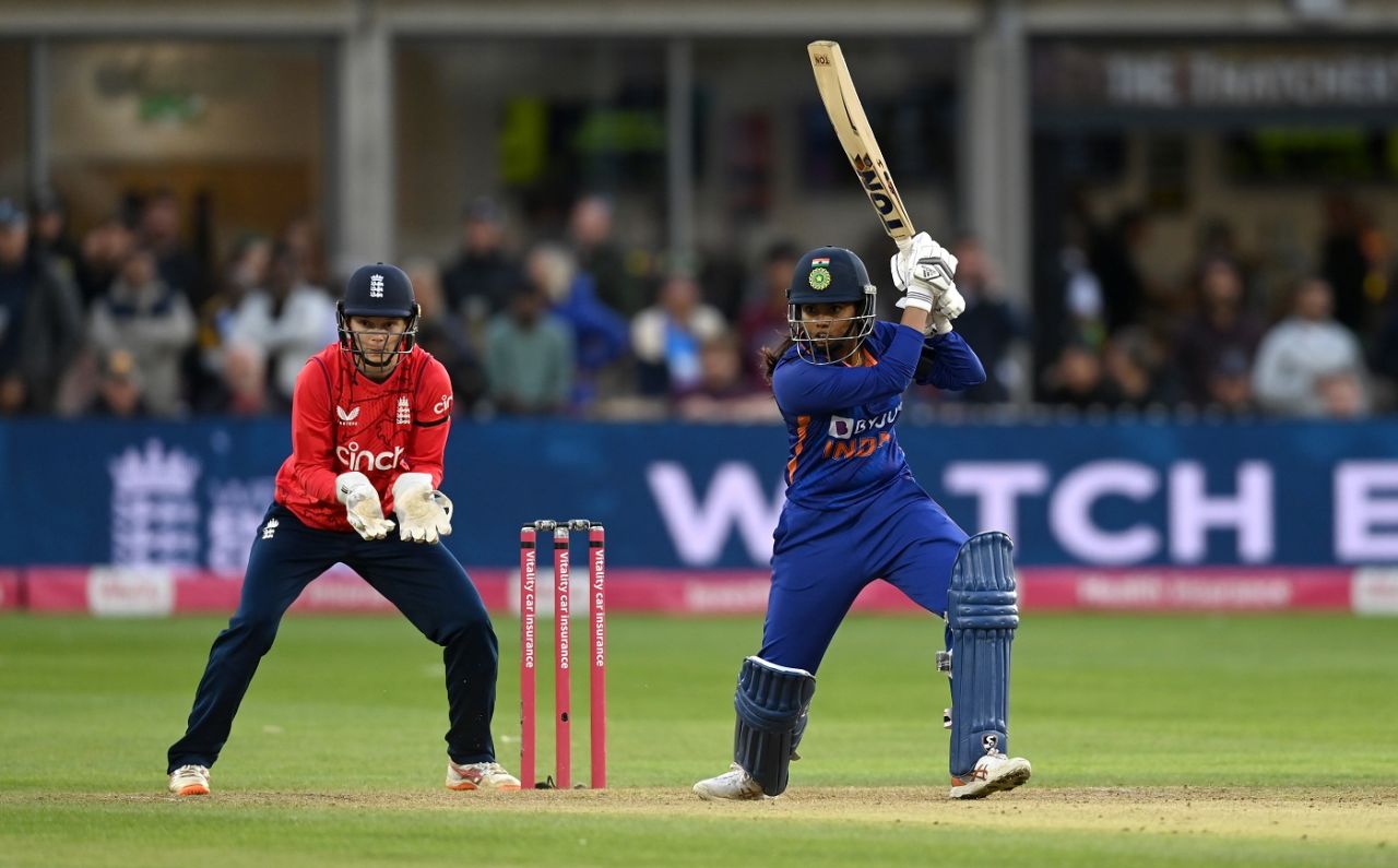 Dayalan Hemalatha slaps one through the off side, England vs India, 3rd T20I, Bristol, September 15, 2022