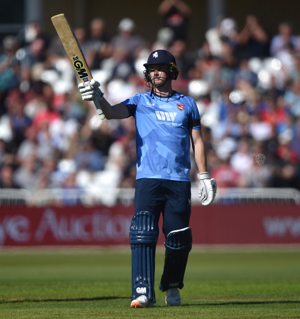 Joey Evison raises his bat after scoring fifty, Royal London Cup Final, Kent vs Lancashire, Trent Bridge, September 17, 2022