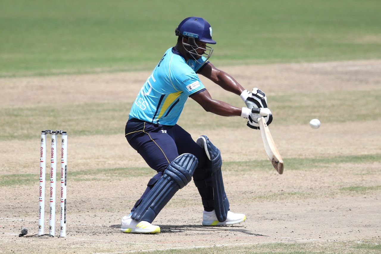 Johnson Charles prepares to slash one away, St Lucia Kings vs St Kitts & Nevis Patriots, CPL 2022, Tarouba, September 17, 2022