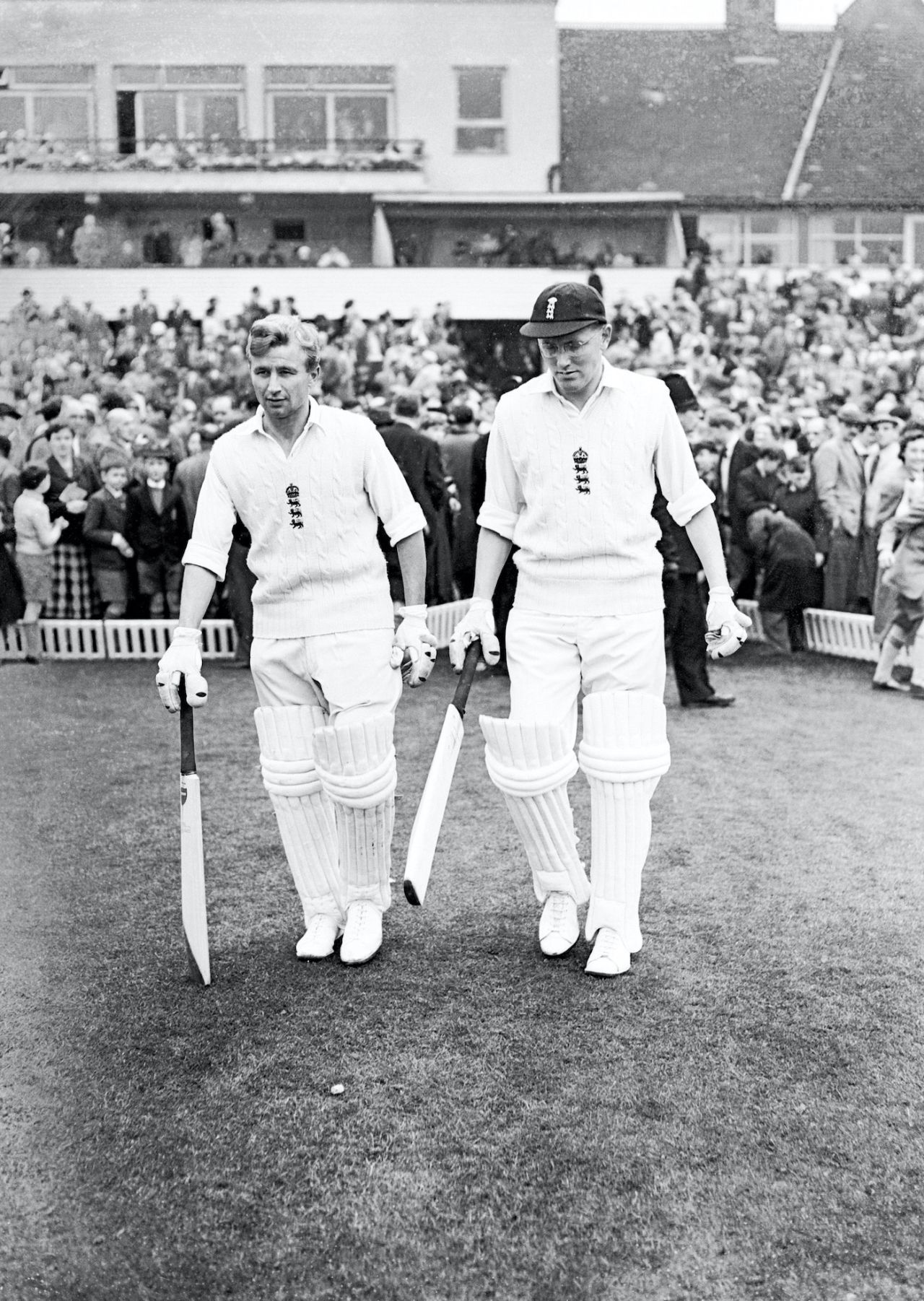Arthur Milton (left) and Mike Smith walk out to open the batting in England's first innings, third day, third Test, England vs New Zealand, Headingley, July 05, 1958