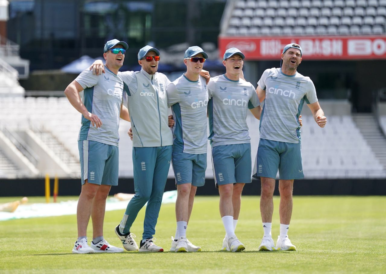 Alex Lees, Joe Root, Harry Brook, Matthew Potts and James Anderson have some fun at a nets session, Headingley, June 21, 2022