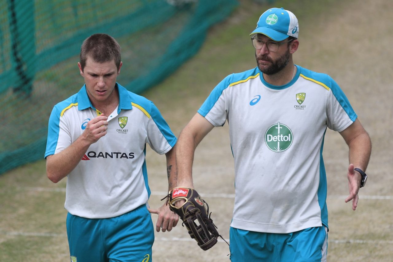 Adam Zampa and Daniel Vettori have a chat during training, India vs Australia, Mohali, September 19, 2022
