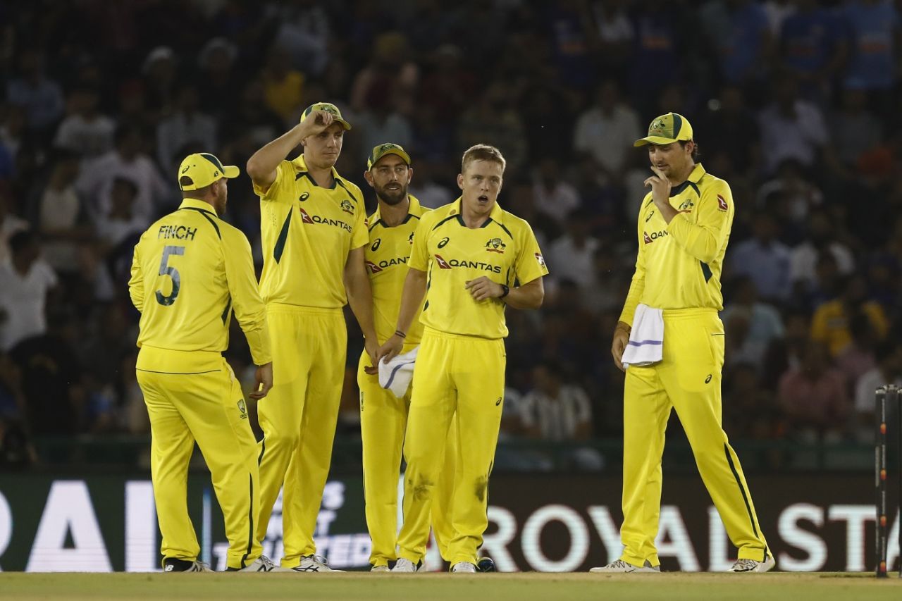 Nathan Ellis celebrates after dismissing Virat Kohli inside the powerplay, India vs Australia, 1st T20I, Mohali, September 20, 2022